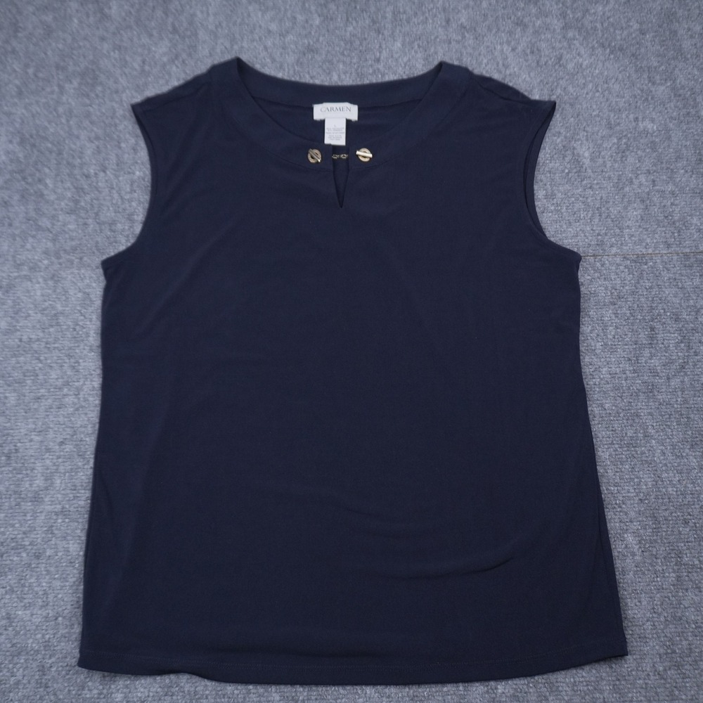 Carmen Marc Valvo Blouse Women Large Navy Blue Sleeveless Split Neck Gold Detail